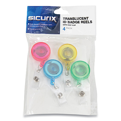 SICURIX ID Slide-Style Belt Clip Card Reels, 30" Extension, Round, Green/Light Blue/Pink/Yellow, 4/Pack (SRXBAU68894)