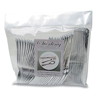 Tablemate Sterling Assorted Plastic Cutlery, Mediumweight, Silver, 20 Forks, 15 Knives, 15 Spoons/Pack (TBL8305ASV)