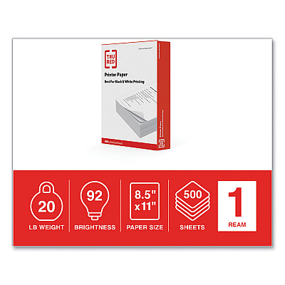 TRU RED Printer Paper, 92 Bright, 20 lb Bond Weight, 8.5 x 11, 500 Sheets/Ream (TUD135855)