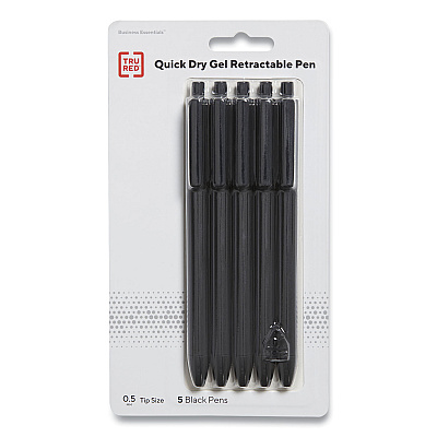 TRU RED Quick Dry Gel Pen, Retractable, Fine 0.5 mm, Black Ink, Black Barrel, 5/Pack (TUD24377016)