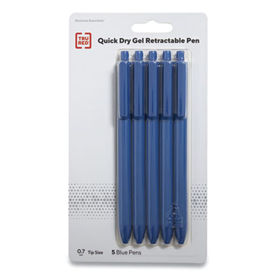 TRU RED Quick Dry Gel Pen, Retractable, Medium 0.7 mm, Blue Ink, Blue Barrel, 5/Pack (TUD24377036)