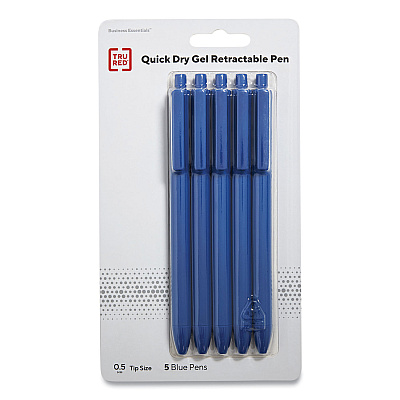 TRU RED Quick Dry Gel Pen, Retractable, Fine 0.5 mm, Blue Ink, Blue Barrel, 5/Pack (TUD24377040)