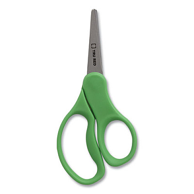 TRU RED Kids' Pointed Tip Stainless Steel Scissors, 5" Long, 2.05" Cut Length, Assorted Straight Handles, 12/Pack (TUD24380506)