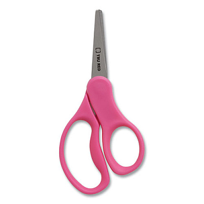 TRU RED Kids' Pointed Tip Stainless Steel Scissors, 5" Long, 2.05" Cut Length, Assorted Straight Handles, 12/Pack (TUD24380506)