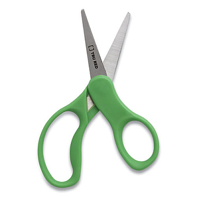 TRU RED Kids' Pointed Tip Stainless Steel Scissors, 5" Long, 2.05" Cut Length, Assorted Straight Handles, 12/Pack (TUD24380506)