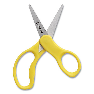 TRU RED Kids' Pointed Tip Stainless Steel Scissors, 5" Long, 2.05" Cut Length, Assorted Straight Handles, 12/Pack (TUD24380506)