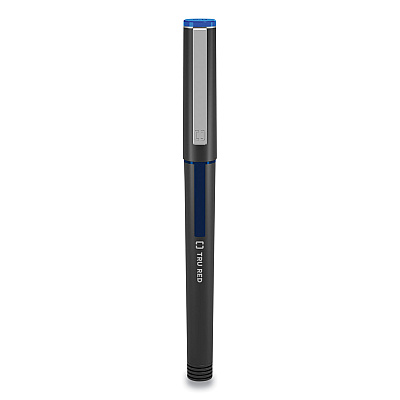 TRU RED Roller Ball Pen, Stick, Fine 0.5 mm Needle Tip, Blue Ink, Black/Blue/Clear Barrel, Dozen (TUD24419530)