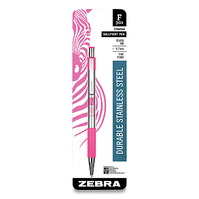 Zebra F-301 Ballpoint Pen, Retractable, Fine 0.7 mm, Black Ink, Stainless Steel/Pink Barrel (ZEB37111)