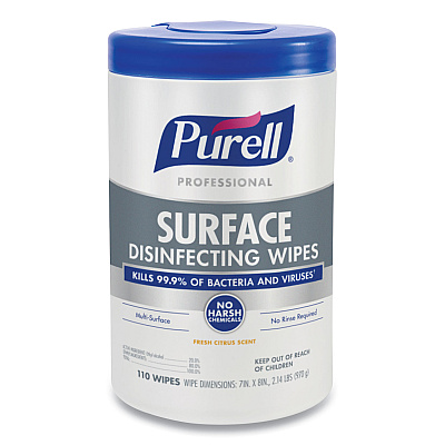 PURELL Professional Surface Disinfecting Wipes, 1-Ply, 7 x 8, Fresh Citrus, White, 110/Canister, 6 Canisters/Carton (GOJ934206CT)