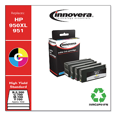 Innovera Remanufactured Black/Cyan/Magenta/Yellow High-Yield Ink, Replacement for 950XL/951 (IVRC2P01FN), 300/700 Page-Yield