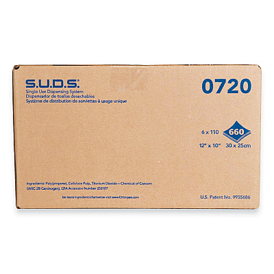 Chicopee S.U.D.S. Single Use Dispensing System Towels For Quat, 1-Ply, 10 x 12, Unscented, White, 110/Roll, 6 Rolls/Carton (CHI0720)