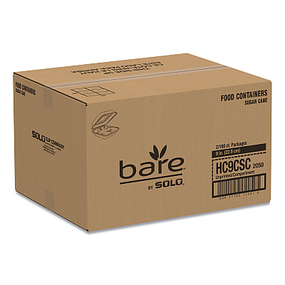 Solo Bare Eco-Forward Bagasse Hinged Lid Containers, ProPlanet Seal, 3-Compartment, 9.6 x 9.4 x 3.2, Ivory, Sugarcane, 200/Carton (SCCHC9CSC2050)