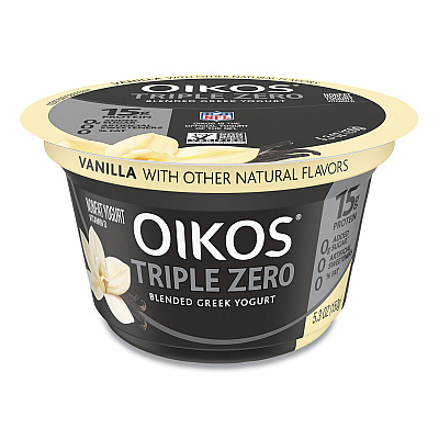 OIKOS Triple Zero Blended Greek Nonfat Yogurt, 5.3 oz, Strawberry/Mixed Berry/Vanilla, 18/Carton (GRR90200027)