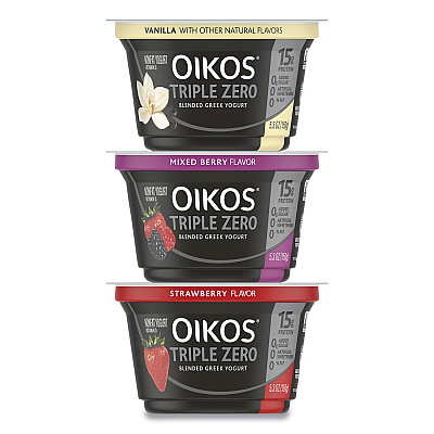 OIKOS Triple Zero Blended Greek Nonfat Yogurt, 5.3 oz, Strawberry/Mixed Berry/Vanilla, 18/Carton (GRR90200027)