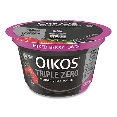 OIKOS Triple Zero Blended Greek Nonfat Yogurt, 5.3 oz, Strawberry/Mixed Berry/Vanilla, 18/Carton (GRR90200027)