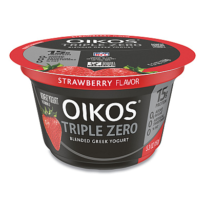 OIKOS Triple Zero Blended Greek Nonfat Yogurt, 5.3 oz, Strawberry/Mixed Berry/Vanilla, 18/Carton (GRR90200027)
