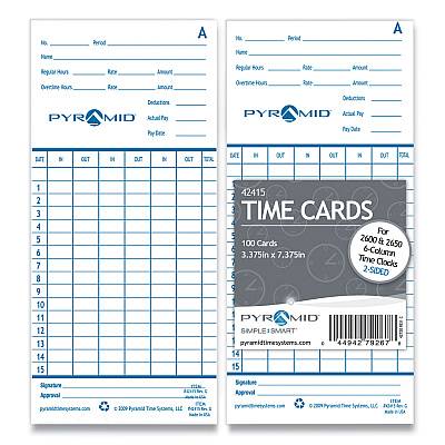 Time Clock Cards for Pyramid Technologies 2000/6000, Two Sides, 3.38 x 7.44, 100/Pack (PTI42415)