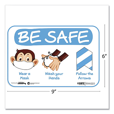 Tabbies BeSafe Messaging Education Wall Signs, 9 x 6,  "Be Safe, Wear a Mask, Wash Your Hands, Follow the Arrows", Monkey, 3/Pack (TAB29506)