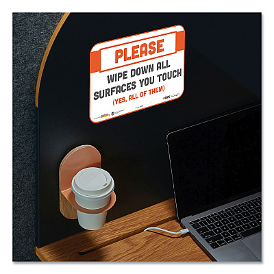 Tabbies BeSafe Messaging Repositionable Wall/Door Signs, 9 x 6, Please Wipe Down All Surfaces You Touch, White, 3/Pack (TAB29063)