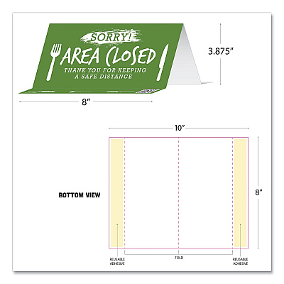 Tabbies BeSafe Messaging Table Top Tent Card, 8 x 3.87, Sorry! Area Closed Thank You For Keeping A Safe Distance, Green, 100/Carton (TAB79162)