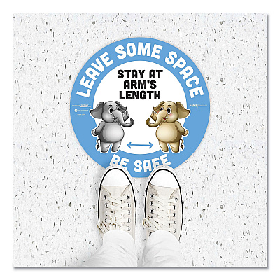Tabbies BeSafe Messaging Education Floor Signs, Leave Some Space; Stay At Arms Length; Be Safe, 12" dia, White/Blue, 6/Pack (TAB29512)