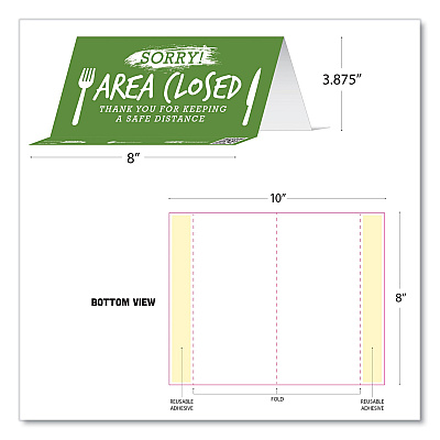 Tabbies BeSafe Messaging Table Top Tent Card, 8 x 3.87, Sorry! Area Closed Thank You For Keeping A Safe Distance, Green, 10/Pack (TAB79062)