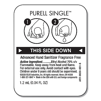PURELL Advanced Hand Sanitizer Single Use, Gel, 1.2 mL, Packet, Fragrance-Free, 2,000/Carton (GOJ96302MNS)