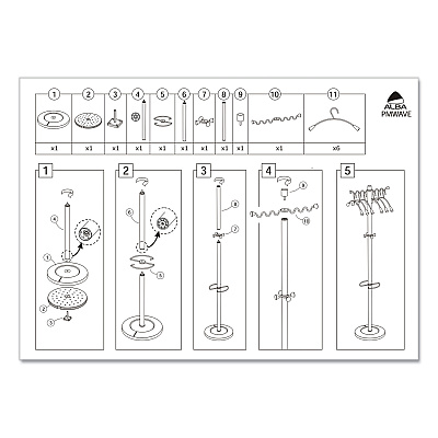 Alba Wavy Coat Tree, Six Hangers/Two Knobs/Four Hooks, 18.88w x 14d x 68.5h, Silver/Wood (ABAPMWAVE)