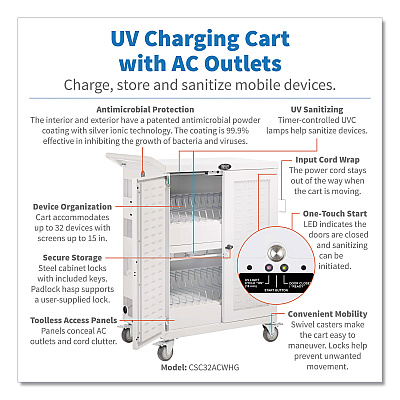 Tripp Lite UV Sterilization and Charging Cart, 32 Devices, 34.8 x 21.6 x 42.3, White (CSC32ACWHG)