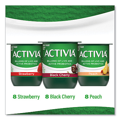 Activia Probiotic Lowfat Yogurt, 4 oz Cups, Black Cherry/Peach/Strawberry, 24/Pack (GRR90200477)