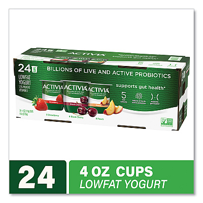 Activia Probiotic Lowfat Yogurt, 4 oz Cups, Black Cherry/Peach/Strawberry, 24/Pack (GRR90200477)