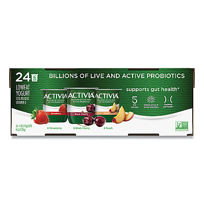 Activia Probiotic Lowfat Yogurt, 4 oz Cups, Black Cherry/Peach/Strawberry, 24/Pack (GRR90200477)