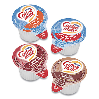Coffee-mate Liquid Coffee Creamer, Cinnamon/Peppermint/Pumpkin/Vanilla, 0.38 oz Mini Cups, 50/Pack,4 Packs/Carton (GRR70000093)
