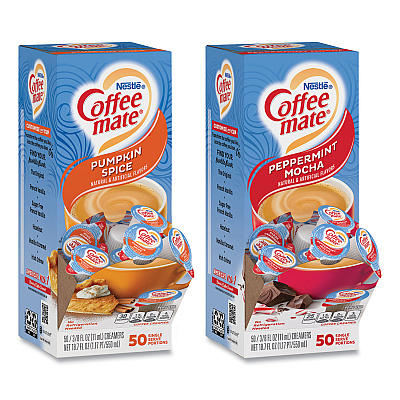 Coffee-mate Liquid Coffee Creamer, Cinnamon/Peppermint/Pumpkin/Vanilla, 0.38 oz Mini Cups, 50/Pack,4 Packs/Carton (GRR70000093)