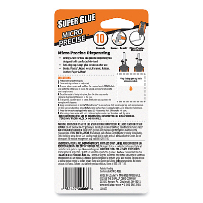 Gorilla Super Glue Micro Precise, 0.19 oz, Dries Clear, 4/Carton (GOR102862CT)