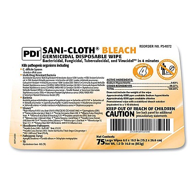 Sani Professional Sani-Cloth Bleach Germicidal Disposable Wipes, Deep-Well Lid Canister, 10.5 x 6, 75/Canister (NICP54072PK)