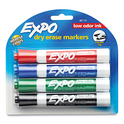 EXPO Low-Odor Dry-Erase Marker, Peggable Card, Broad Chisel Tip, Assorted Colors, 4/Pack (SAN80174PK)