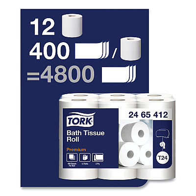 Tork Premium Poly-Pack Bath Tissue, Septic Safe, 2-Ply, White, 400 Sheets/Roll, 12 Rolls/Pack, 4 Packs/Carton (TRK2465412)