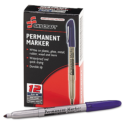 AbilityOne 7520015114319, SKILCRAFT Fine Point Permanent Marker, Fine Bullet Tip, Blue, Dozen