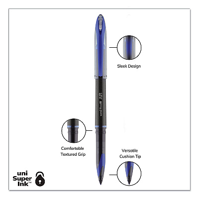 uniball AIR Porous Gel Pen, Stick, Medium 0.7 mm, Blue Ink, Black/Blue Barrel, 3/Pack (UBC1926810)