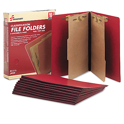 AbilityOne 7530015567917, SKILCRAFT Pressboard Top Tab Classification Folder, 2 Dividers, 6 Fasteners, Letter Size, Dark Red, 10/Box