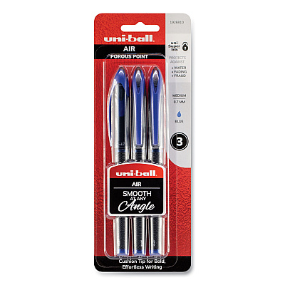 uniball AIR Porous Gel Pen, Stick, Medium 0.7 mm, Blue Ink, Black/Blue Barrel, 3/Pack (UBC1926810)
