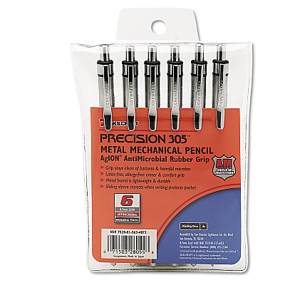 AbilityOne 7520015654873, SKILCRAFT Precision 305 Metal Barrel Mechanical Pencil, 0.7 mm, Black Lead, Silver Barrel, 6/Pack