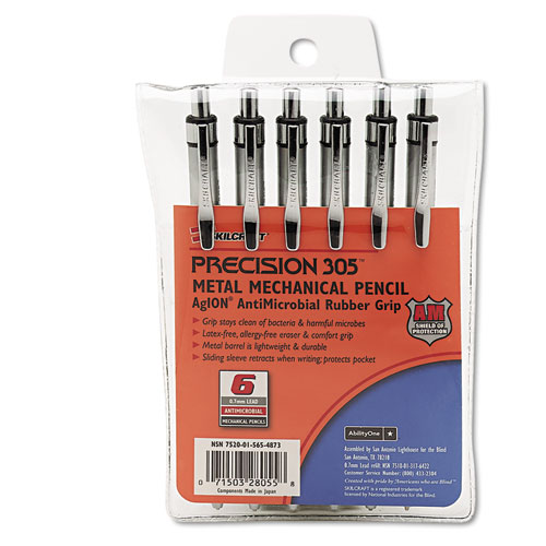AbilityOne 7520015654873 SKILCRAFT Precision 305 Metal Barrel Mechanical Pencil, 0.7 mm, Black Lead, Silver Barrel, 6/Pack