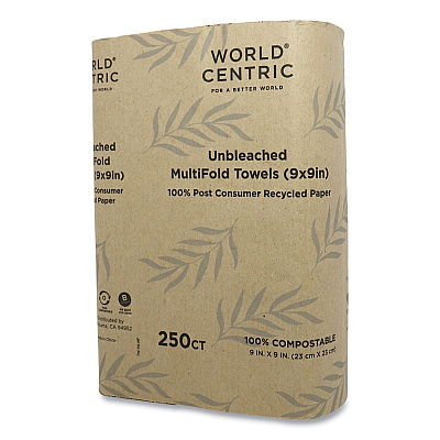 World Centric 100 Percent PCW Recycled Paper Towels, 1-Ply, 9 x 9, Natural, 250/Pack, 16 Packs/Carton (WORTWPAMF)