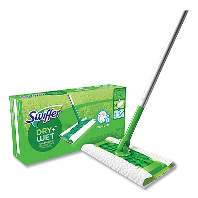 Swiffer Sweeper Mop, 10 x 4.8 White Cloth Head, 46" Silver/Green Aluminum/Plastic Handle (PGC49947)