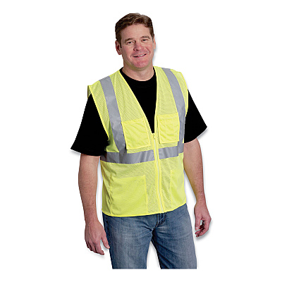 PIP ANSI Class 2 Four Pocket Zipper Safety Vest, Polyester Mesh, 5X-Large, Hi-Viz Lime Yellow (PIDMVGZ4PLY5X)