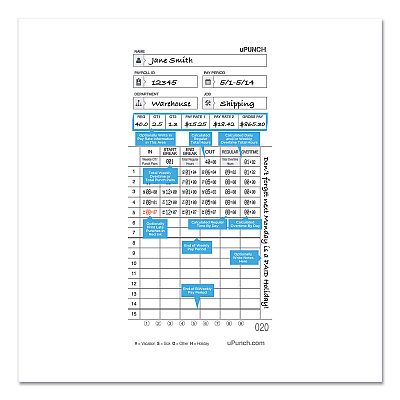 Time Clock Cards for uPunch HN4000, Two Sides, 7.37 x 3.37, 50/Pack (PPZHNTCL2050)