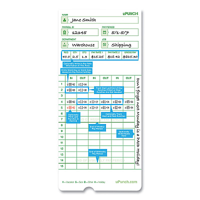 Time Clock Cards for uPunch HN3000, Two Sides, 7.37 x 3.37, 50/Pack (PPZHNTCG1050)