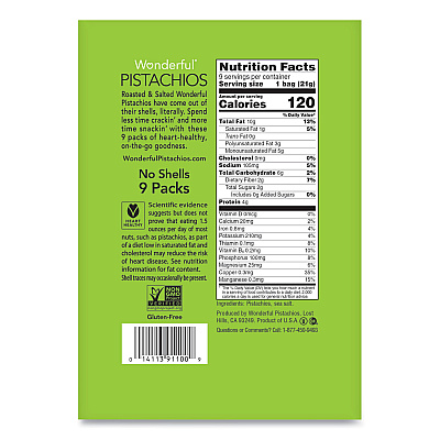 Paramount Farms Wonderful No Shells Pistachios, Roasted and Salted, 0.75 oz Bag, 9 Bags/Box, 4 Boxes/Carton (WONPAR91100)